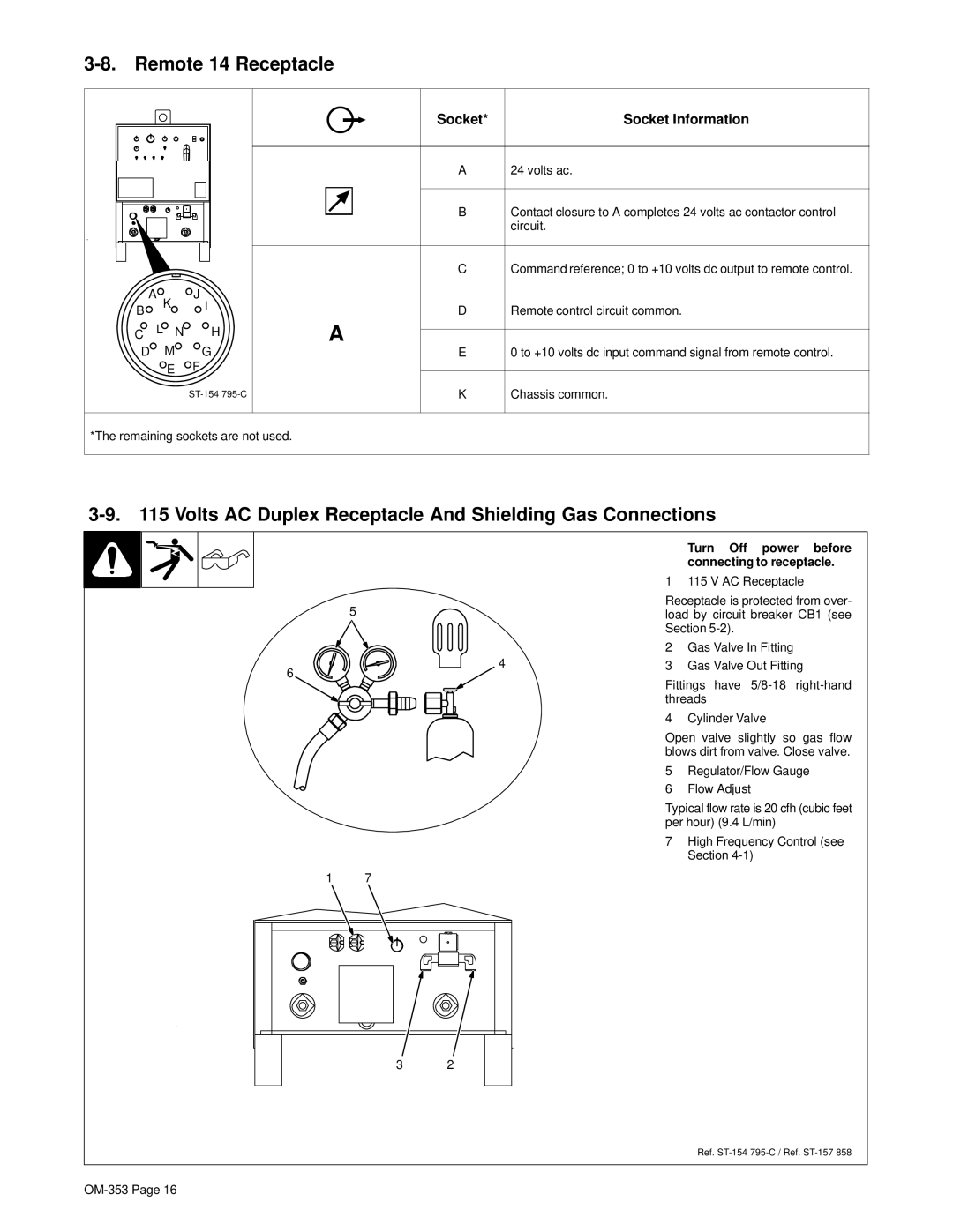 Hobart OM-353 manual Remote 14 Receptacle, Volts AC Duplex Receptacle And Shielding Gas Connections, Socket 