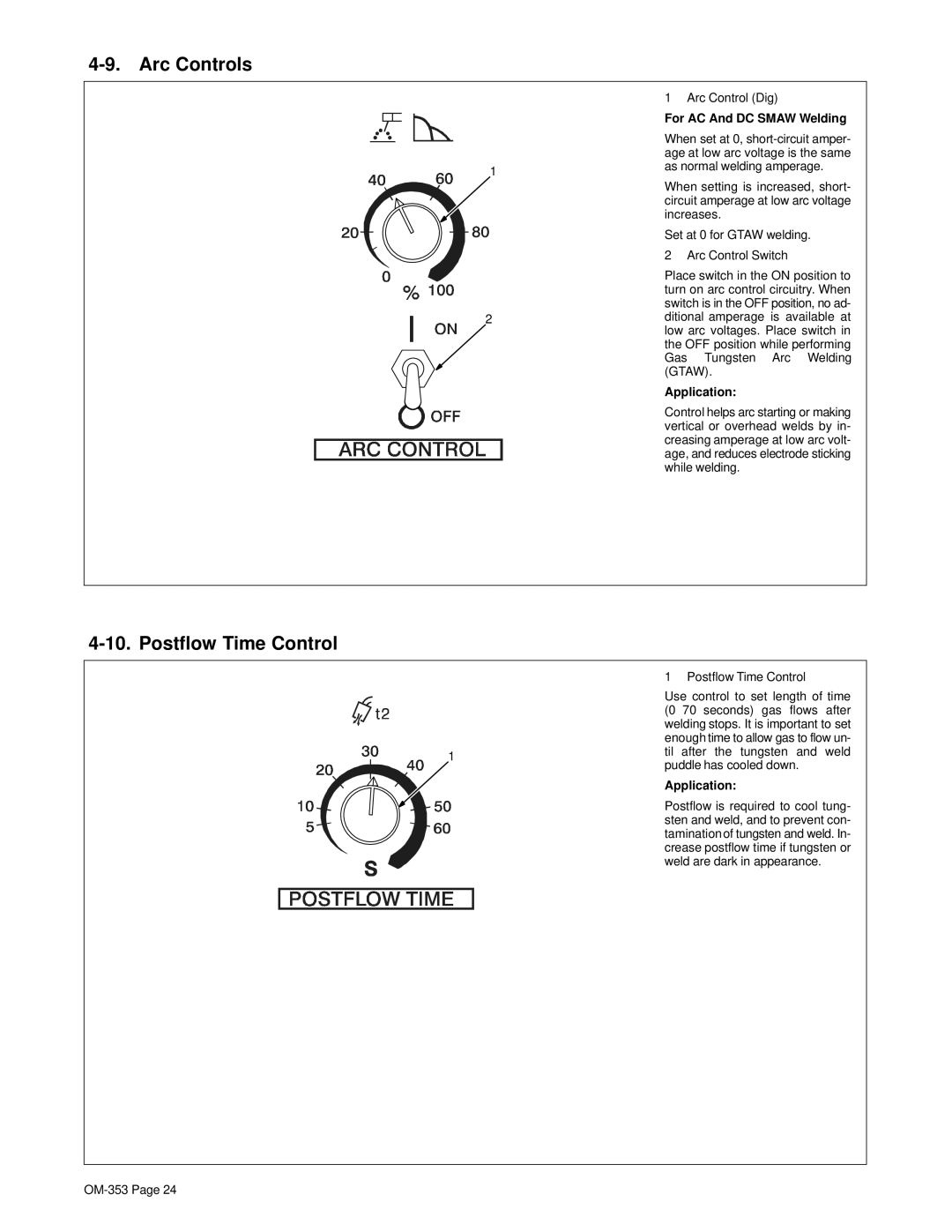 Hobart OM-353 manual Arc Controls, Postflow Time Control, For AC And DC Smaw Welding 