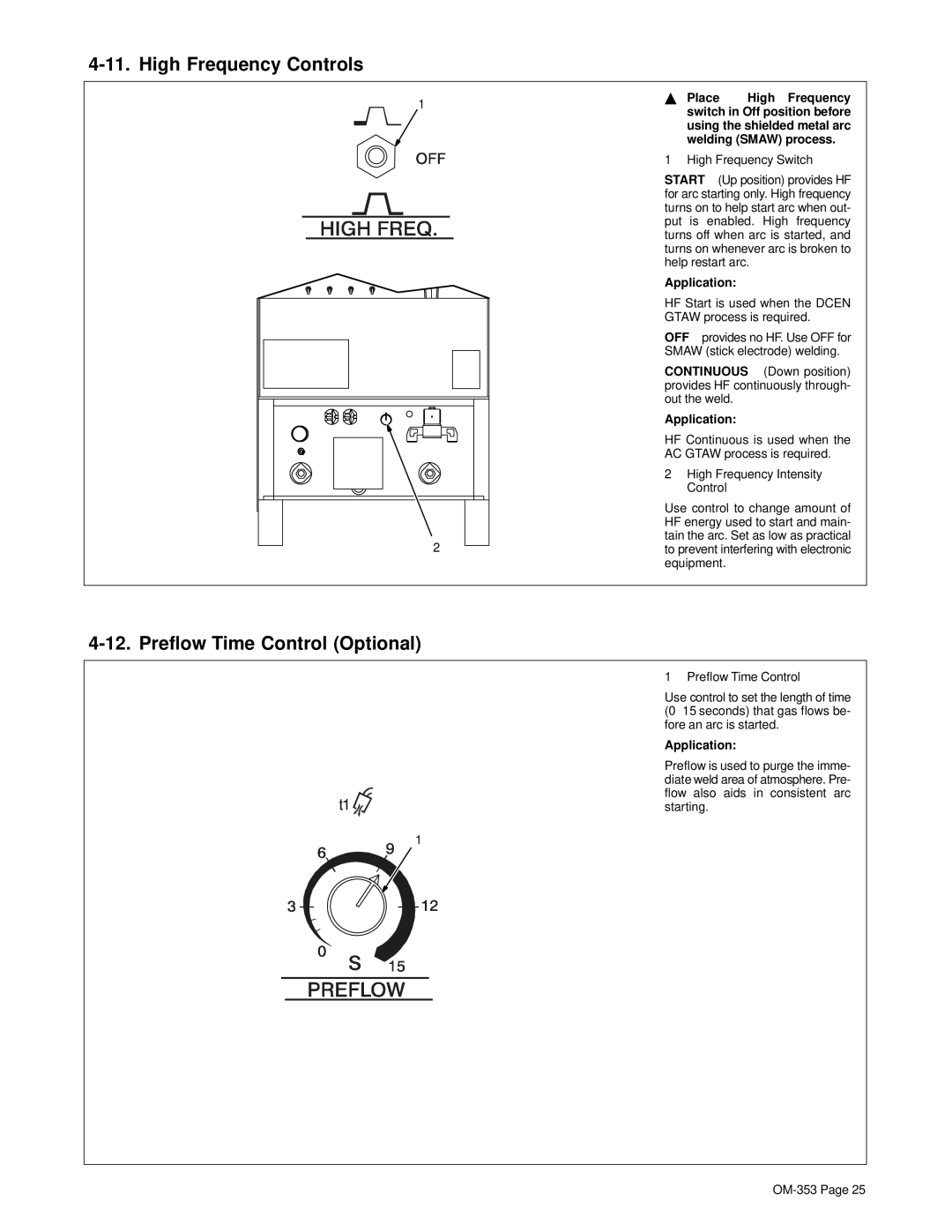 Hobart OM-353 manual High Frequency Controls, Preflow Time Control Optional 