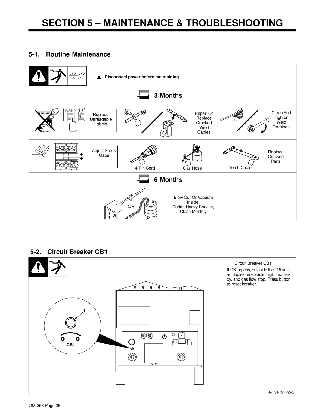 Hobart OM-353 manual Maintenance & Troubleshooting, Routine Maintenance, Months, Circuit Breaker CB1 