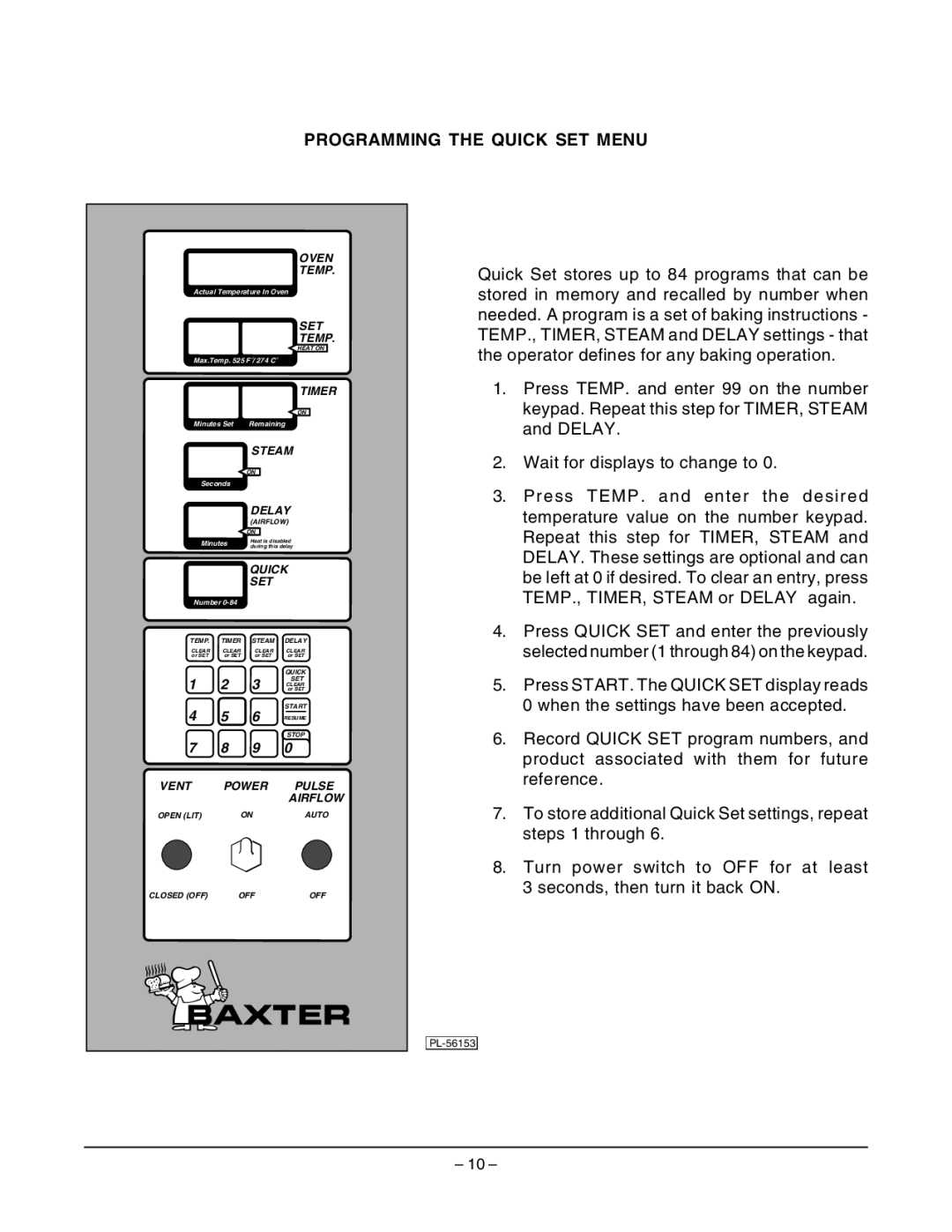 Hobart OV210 manual Programming the Quick SET Menu 