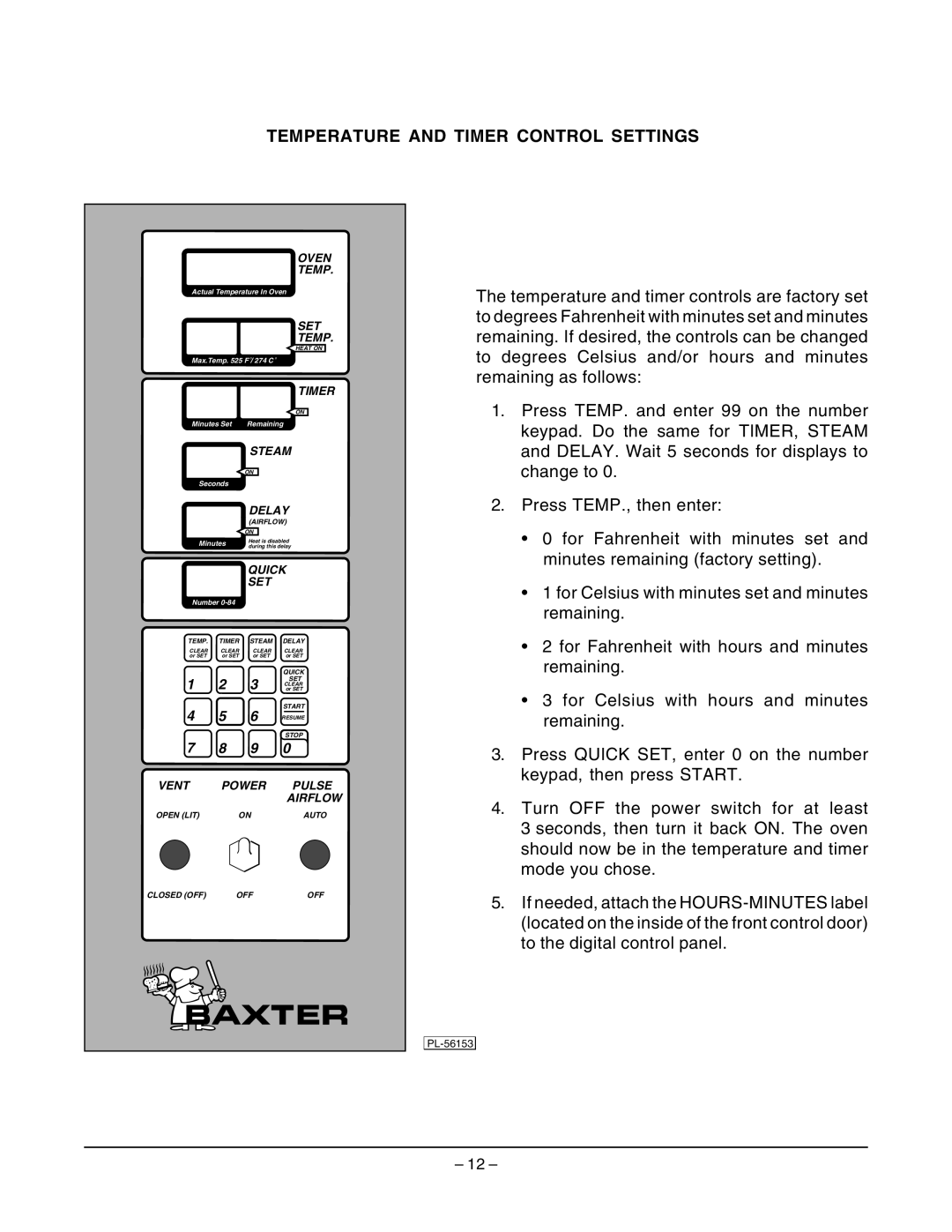 Hobart OV210 manual Temperature and Timer Control Settings 