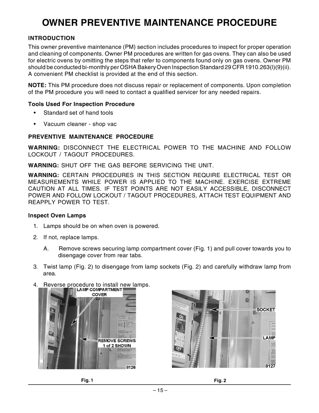 Hobart OV210 Owner Preventive Maintenance Procedure, Introduction, Tools Used For Inspection Procedure, Inspect Oven Lamps 