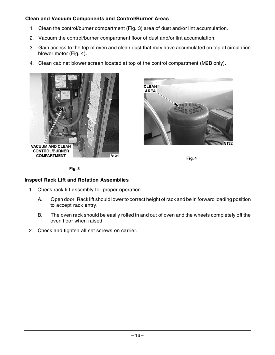 Hobart OV210 manual Clean and Vacuum Components and Control/Burner Areas, Inspect Rack Lift and Rotation Assemblies 