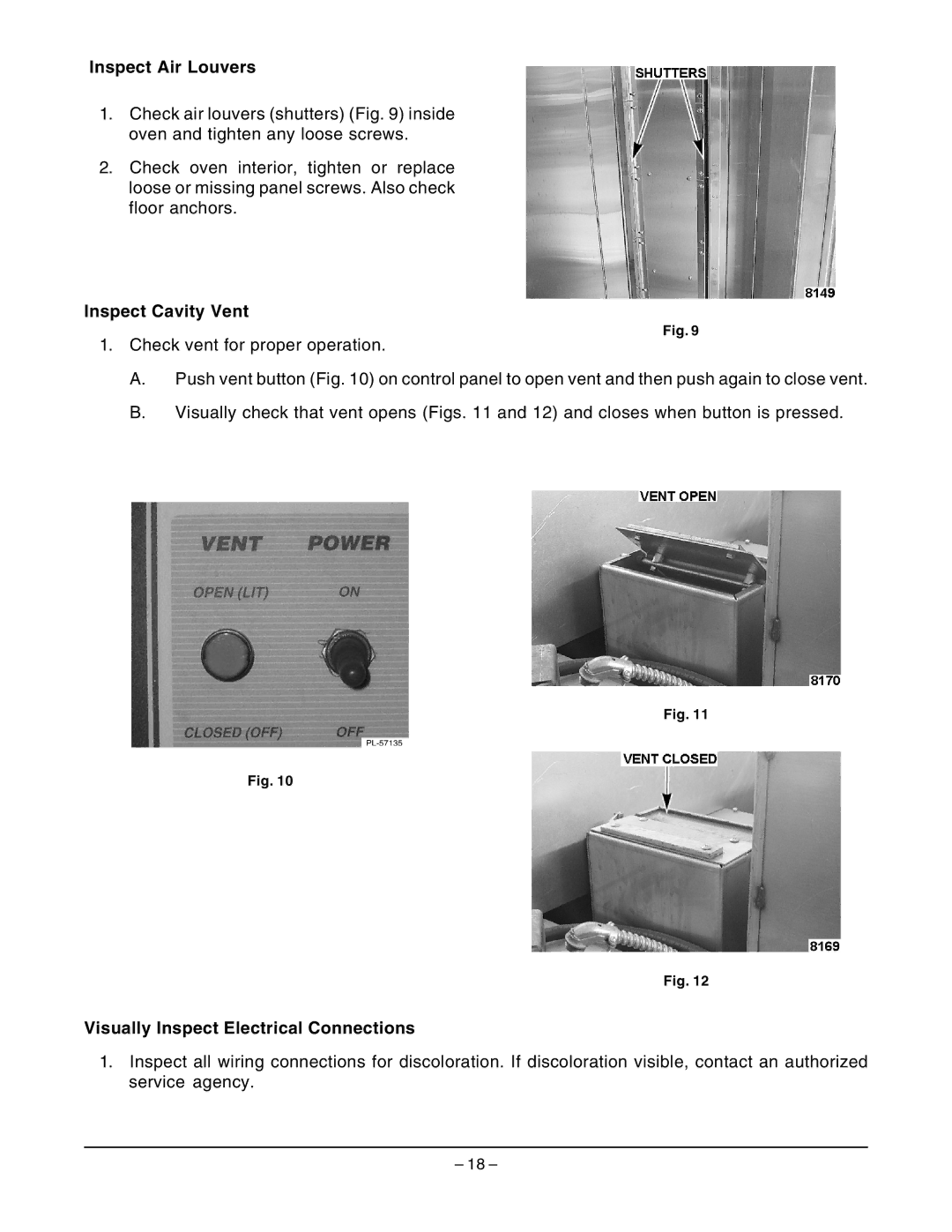 Hobart OV210 manual Inspect Air Louvers, Inspect Cavity Vent, Visually Inspect Electrical Connections 