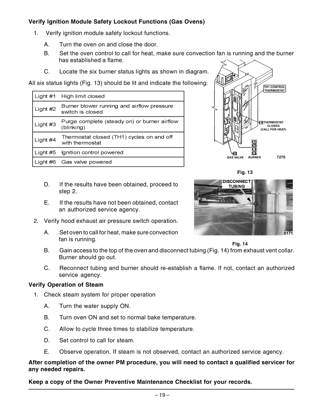 Hobart OV210 manual Verify Ignition Module Safety Lockout Functions Gas Ovens, Verify Operation of Steam 