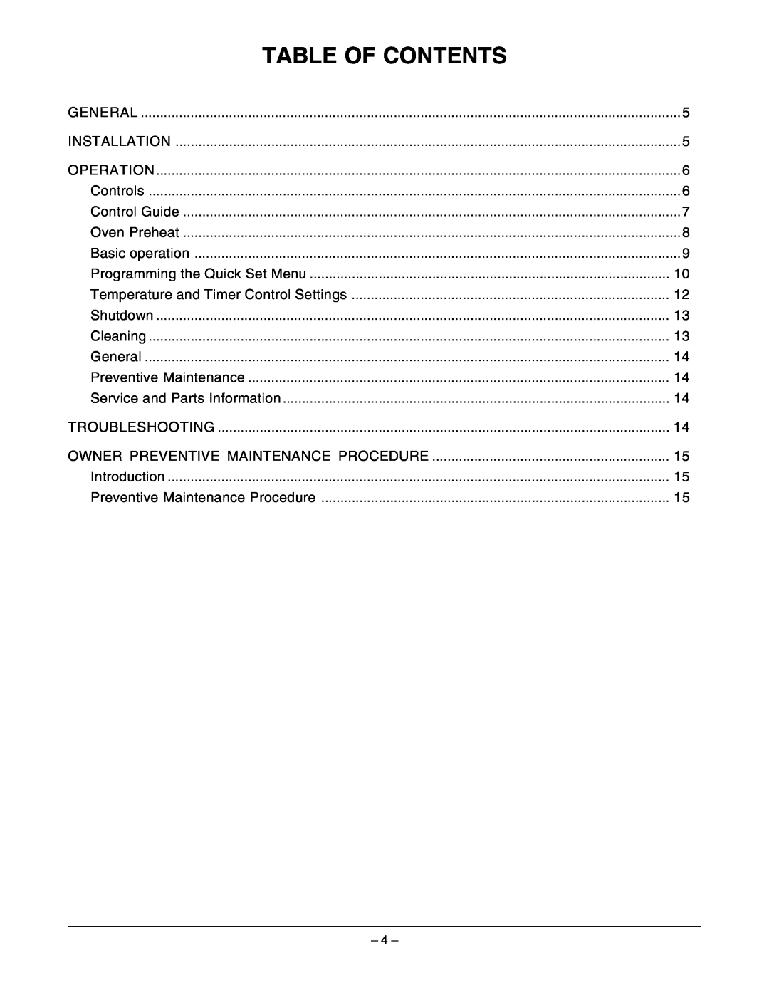 Hobart OV210 manual Table Of Contents 
