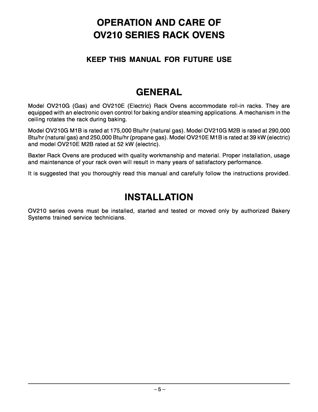 Hobart manual OPERATION AND CARE OF OV210 SERIES RACK OVENS, General, Installation, Keep This Manual For Future Use 