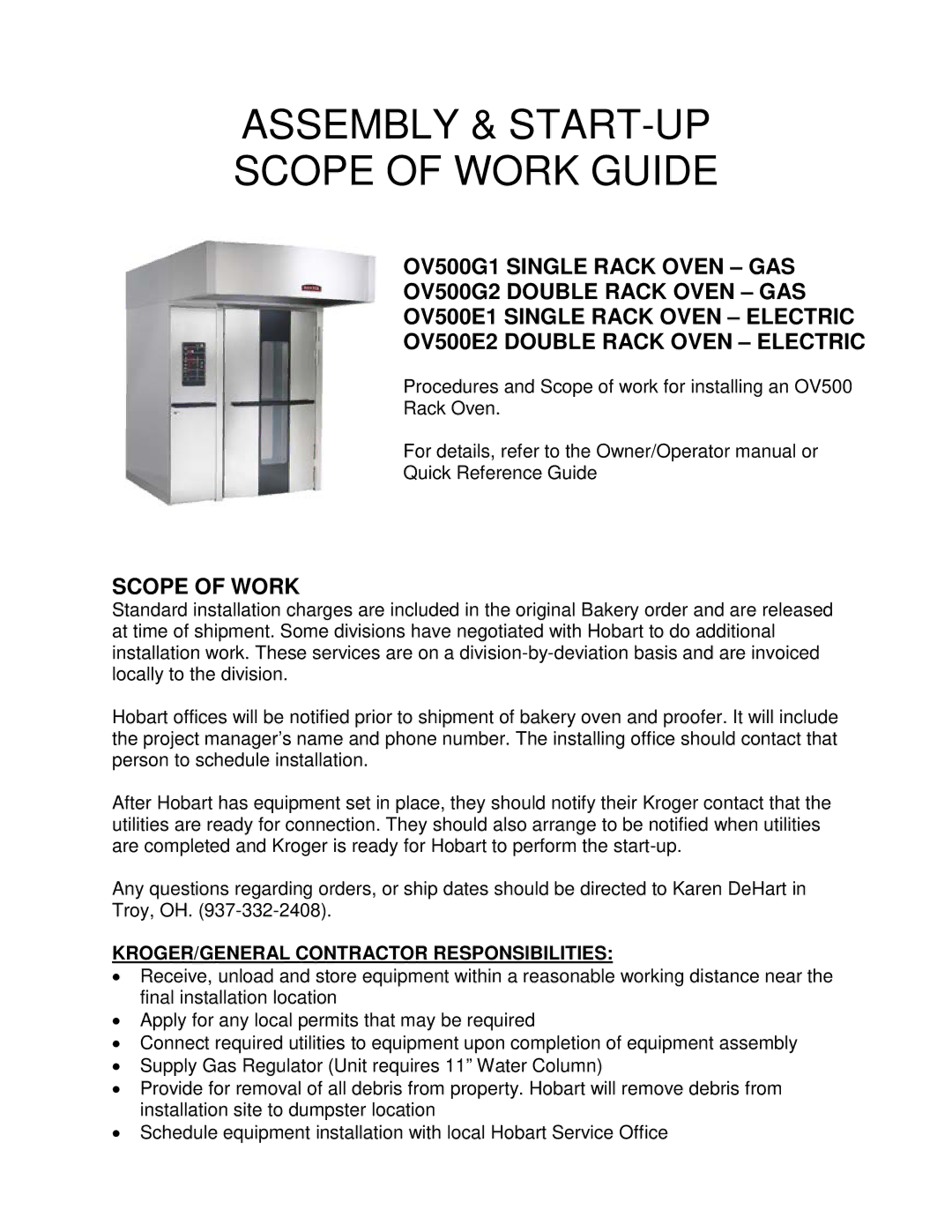 Hobart OV500E2, OV500G2, OV500G1 manual Assembly & START-UP Scope of Work Guide, KROGER/GENERAL Contractor Responsibilities 