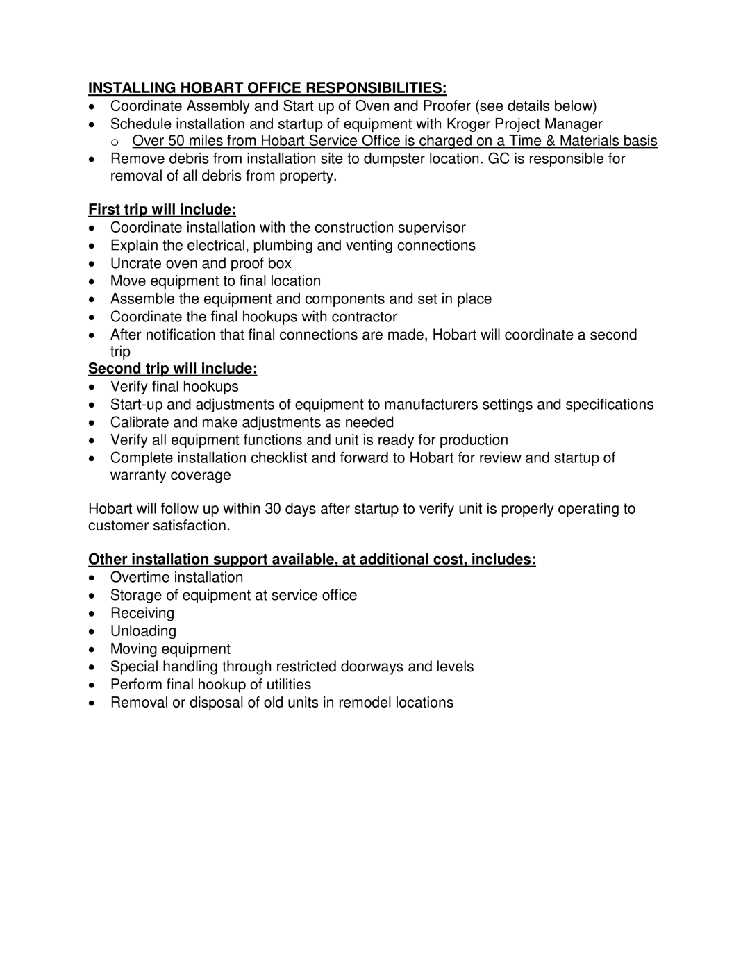 Hobart OV500G1, OV500G2 manual Installing Hobart Office Responsibilities, First trip will include, Second trip will include 