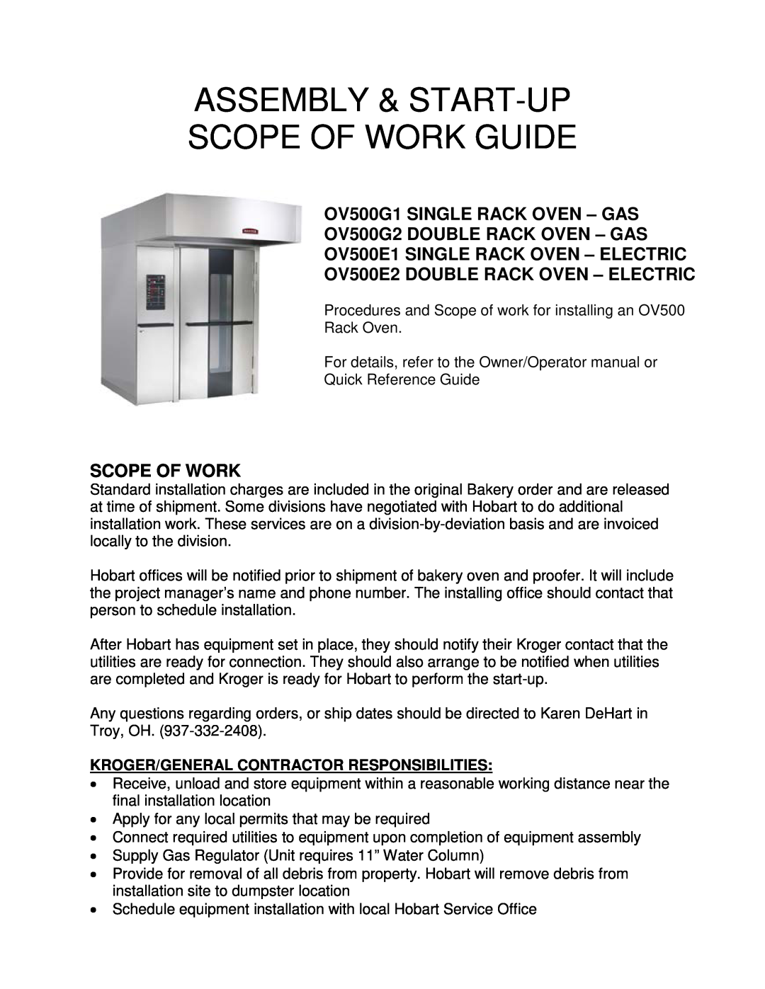 Hobart OV500E2, OV500G2, OV500G1 manual Kroger/General Contractor Responsibilities, Assembly & Start-Up Scope Of Work Guide 