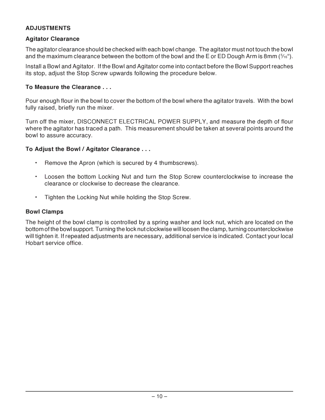 Hobart P660 manual Adjustments, To Measure the Clearance, To Adjust the Bowl / Agitator Clearance, Bowl Clamps 