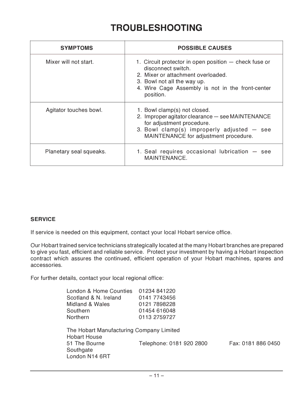 Hobart P660 manual Troubleshooting, Symptoms Possible Causes, Service 