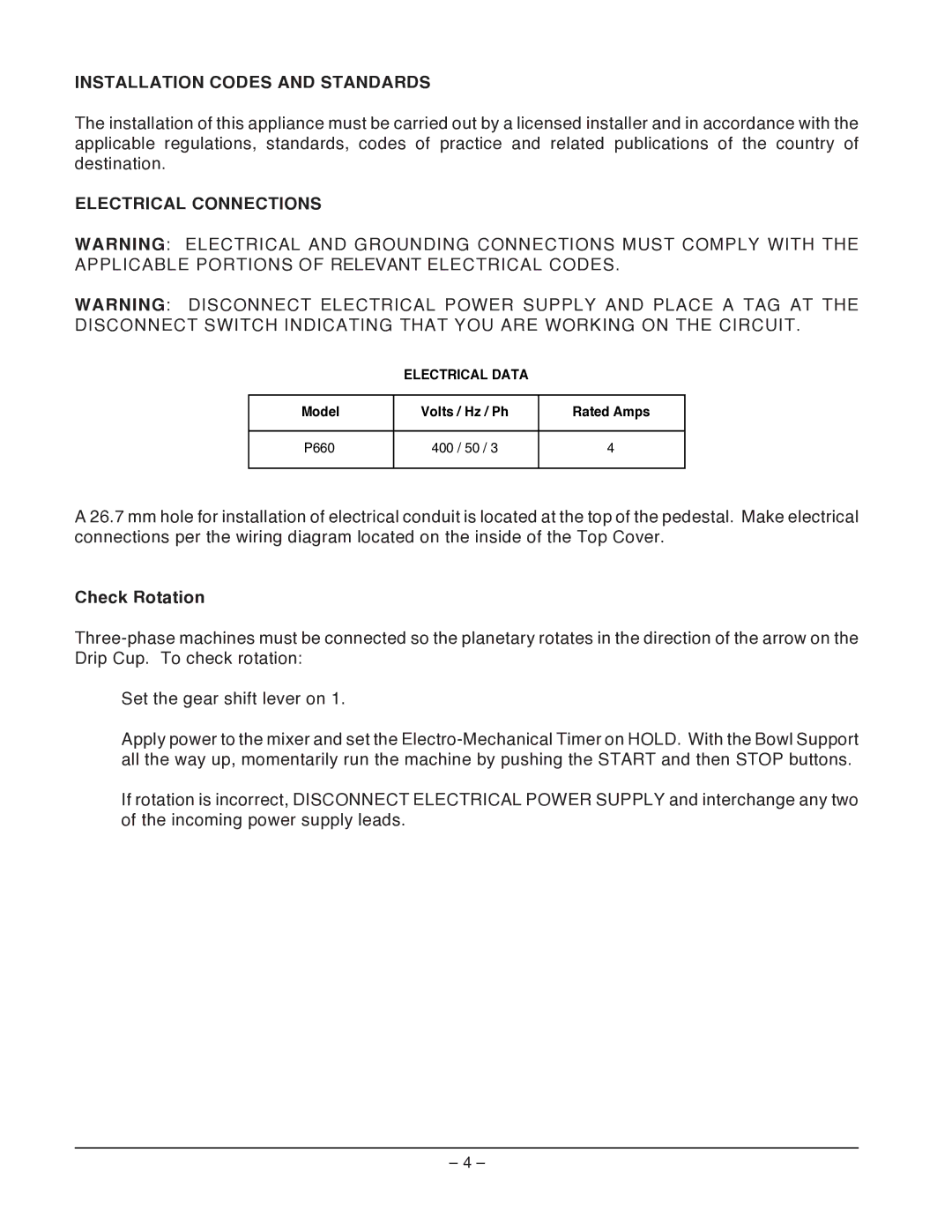 Hobart P660 manual Installation Codes and Standards, Electrical Connections, Check Rotation 