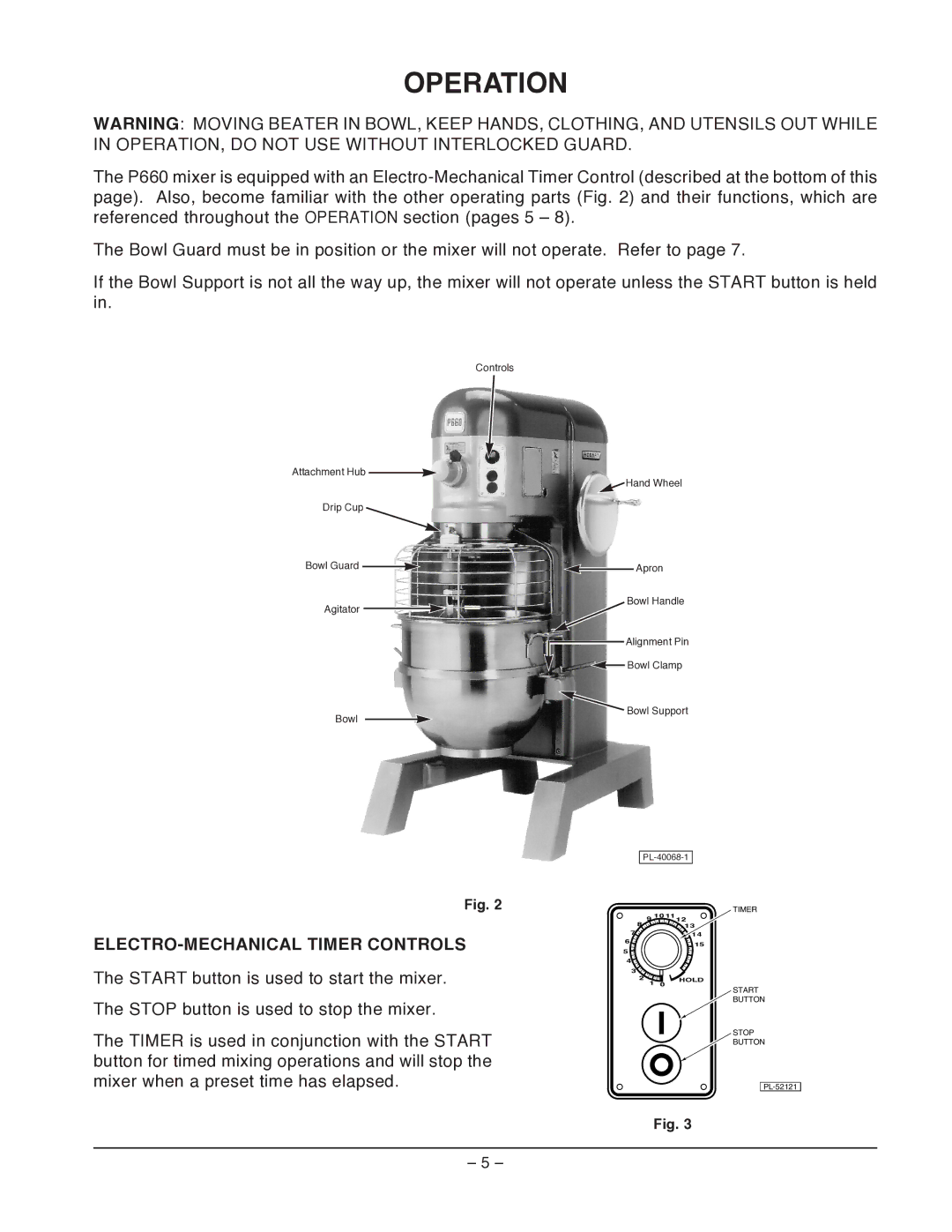 Hobart P660 manual Operation, ELECTRO-MECHANICAL Timer Controls 