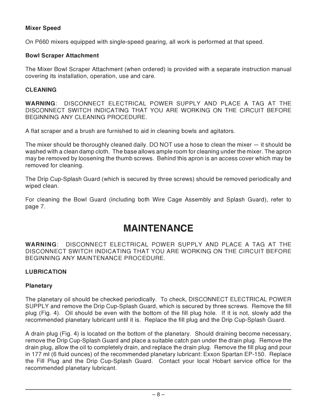 Hobart P660 manual Maintenance, Cleaning, Lubrication 