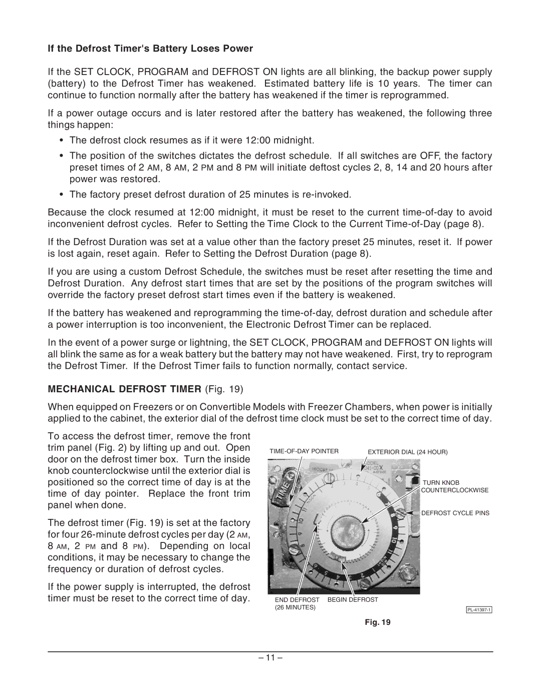 Hobart Q Series manual If the Defrost Timers Battery Loses Power, Mechanical Defrost Timer Fig 