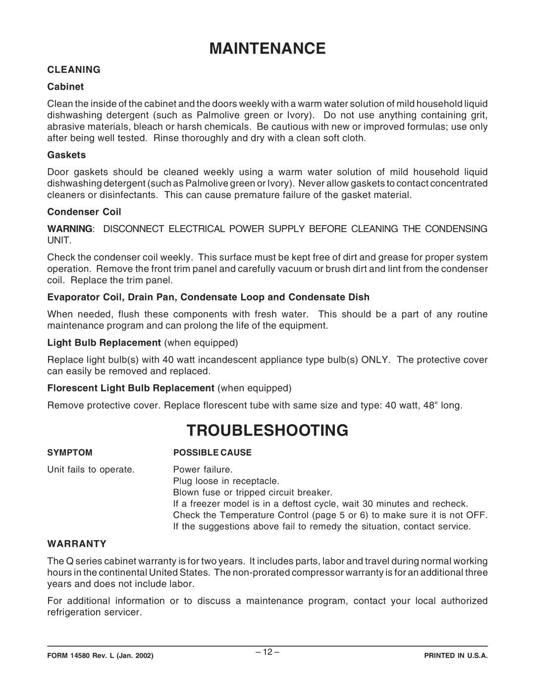 Hobart Q Series manual Maintenance, Troubleshooting, Cleaning, Warranty 