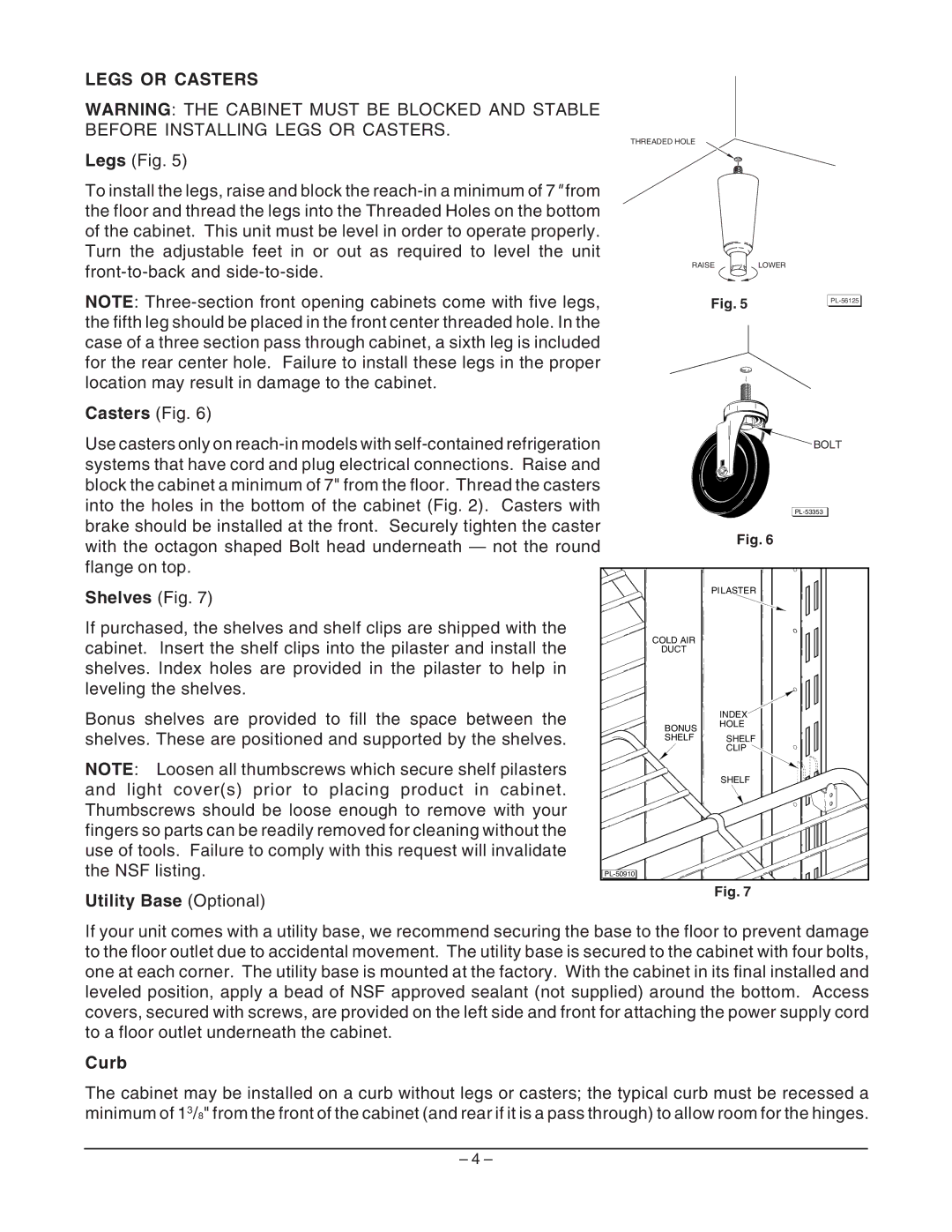 Hobart Q Series manual Legs or Casters, Casters Fig, Shelves Fig, Utility Base Optional, Curb 