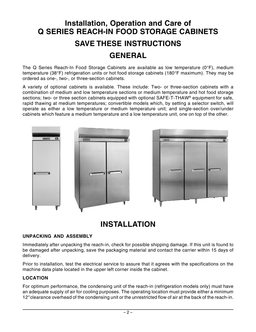 Hobart Installation, Operation and Care of, Q Series Reach-In Food Storage Cabinets Save These Instructions, General 