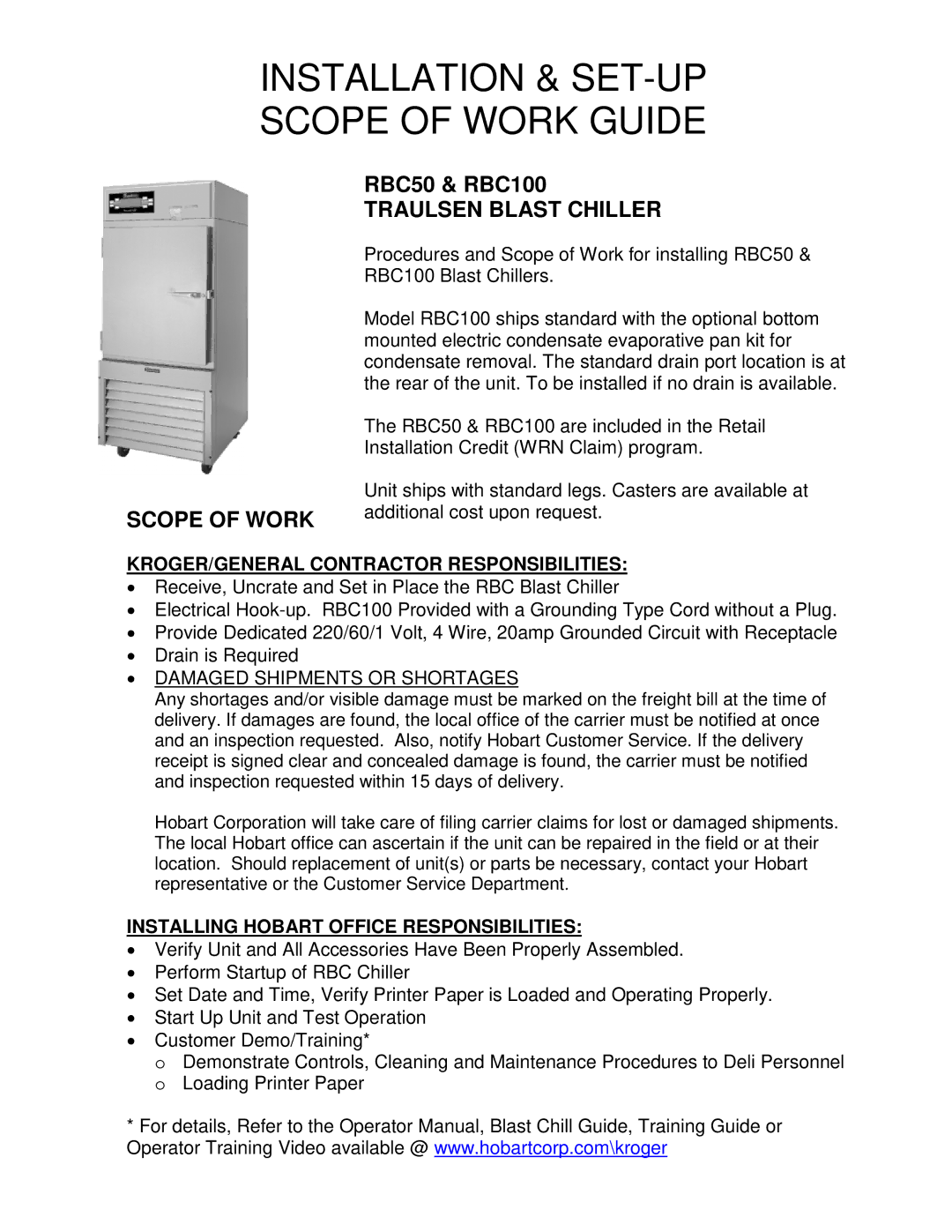 Hobart RBC100, RBC50 manual Installation & SET-UP Scope of Work Guide, Traulsen Blast Chiller Scope of Work 