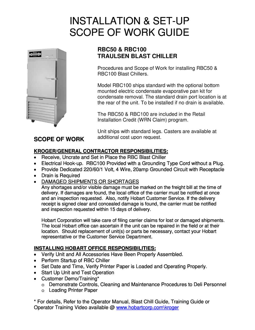 Hobart manual Installation & Set-Upscope Of Work Guide, RBC50 & RBC100 TRAULSEN BLAST CHILLER, Scope Of Work 
