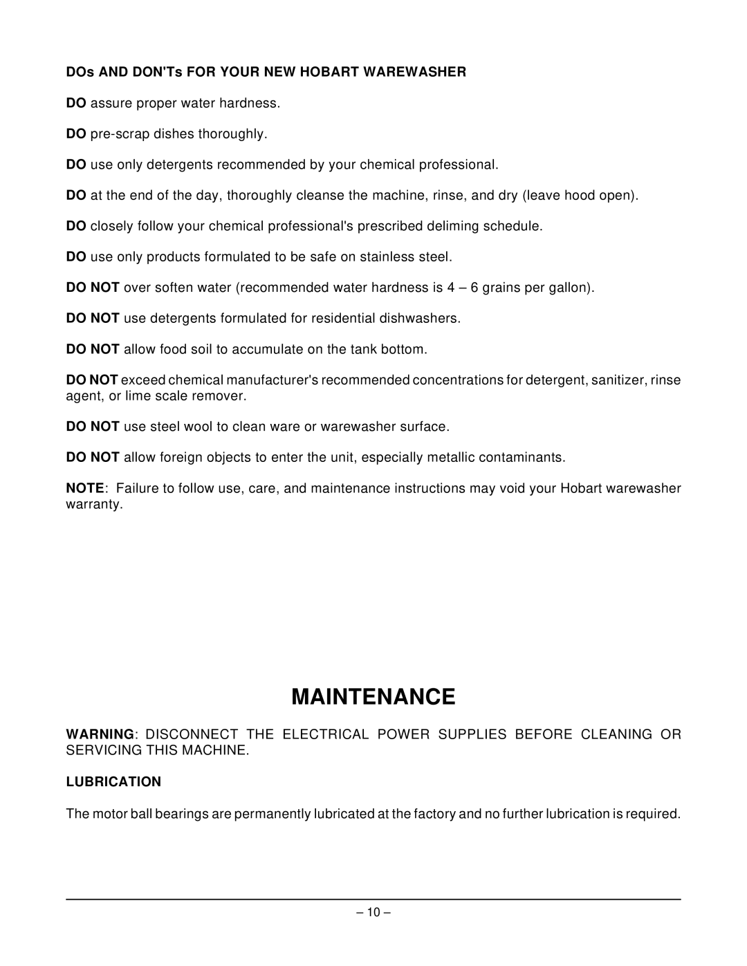 Hobart SM6T2 ML-110857 manual Maintenance, DOs and DONTs for Your NEW Hobart Warewasher, Lubrication 