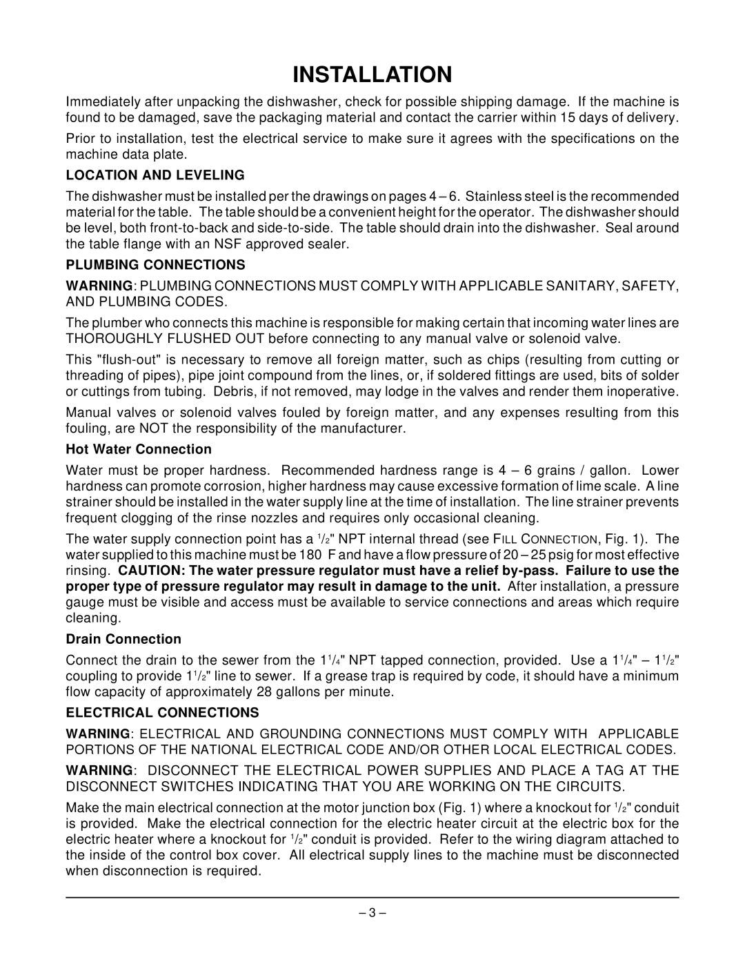 Hobart SM6T2 ML-110857 manual Installation, Location and Leveling, Plumbing Connections, Electrical Connections 