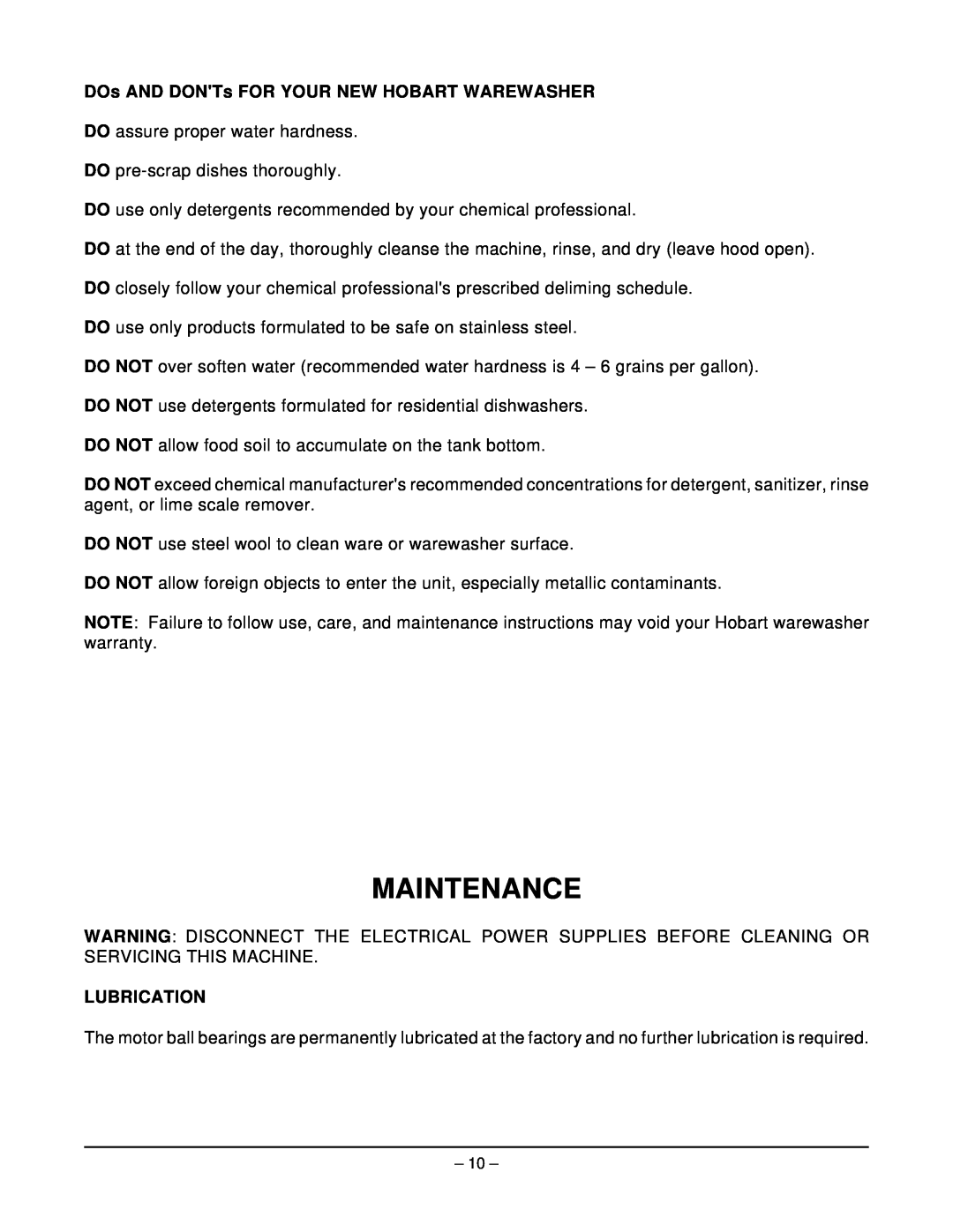 Hobart SM6T2 ML-110857 manual Maintenance, DOs AND DONTs FOR YOUR NEW HOBART WAREWASHER, Lubrication 