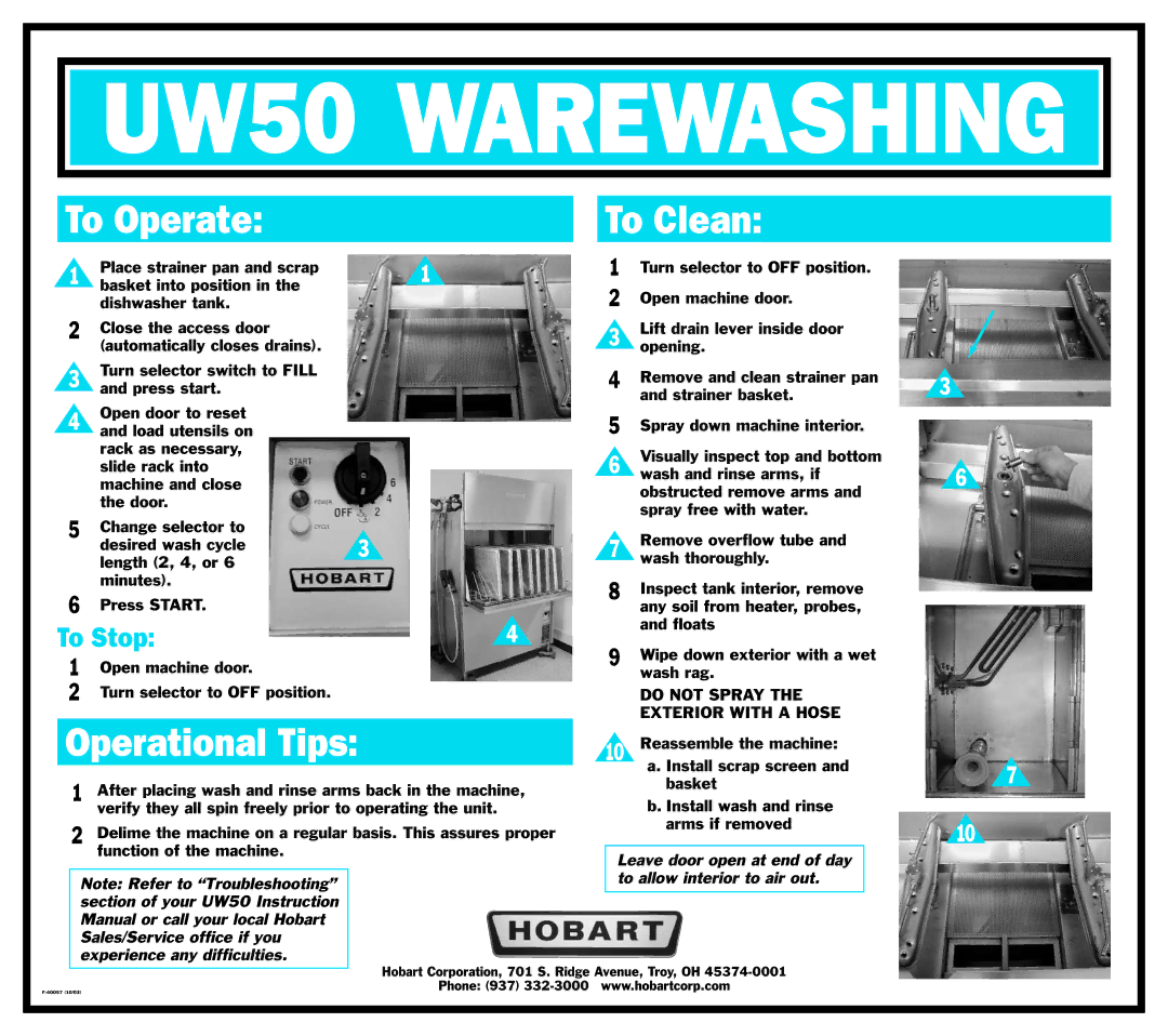 Hobart instruction manual UW50 Warewashing, To Operate To Clean, Operational Tips, To Stop 