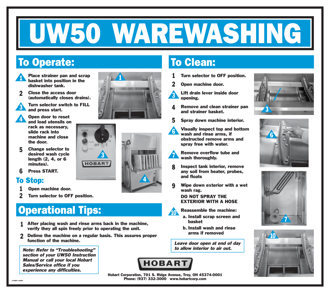 Hobart instruction manual UW50 WAREWASHING, To Operate, To Clean, Operational Tips, To Stop 
