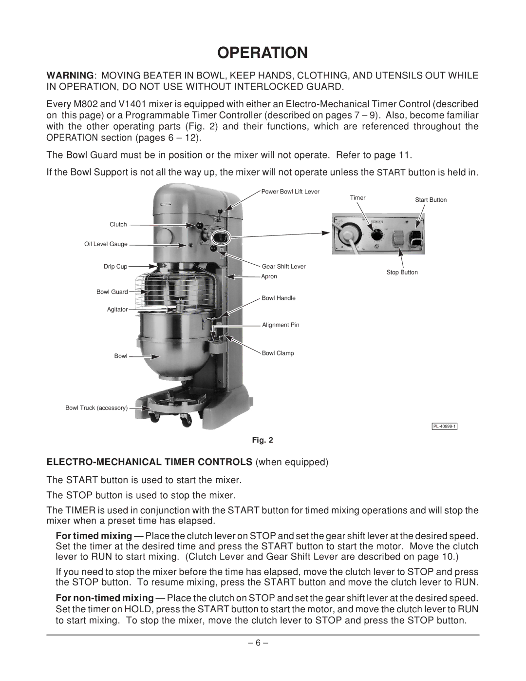 Hobart V1401, M802 manual Operation, ELECTRO-MECHANICAL Timer Controls when equipped 