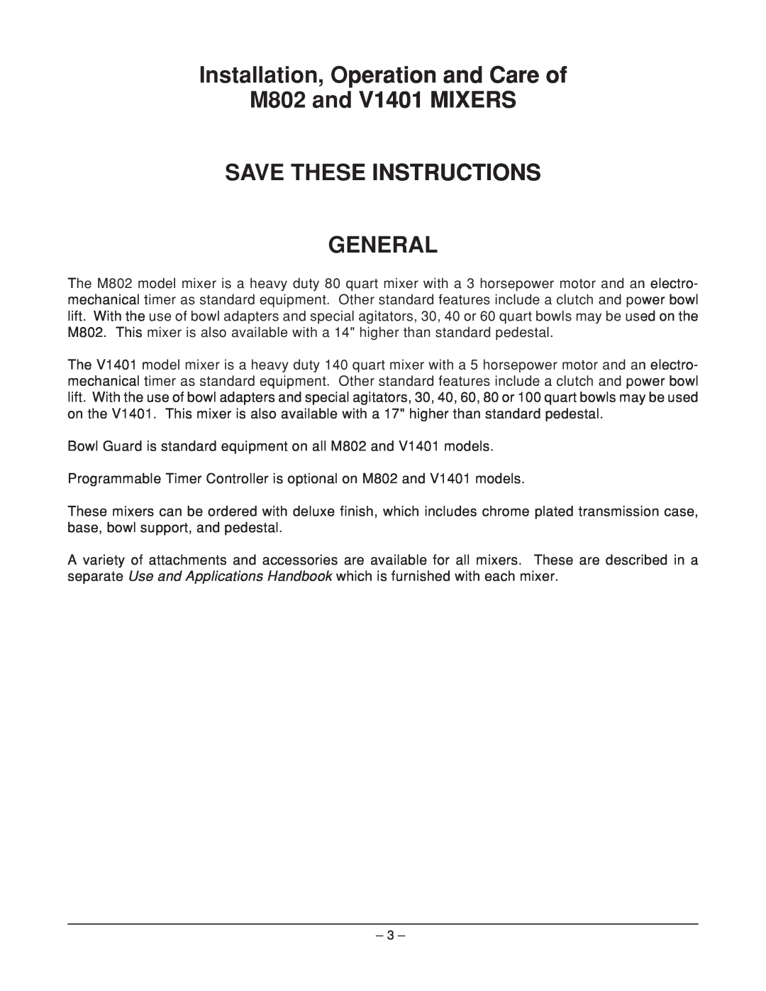 Hobart manual Installation, Operation and Care of M802 and V1401 MIXERS, Save These Instructions General 
