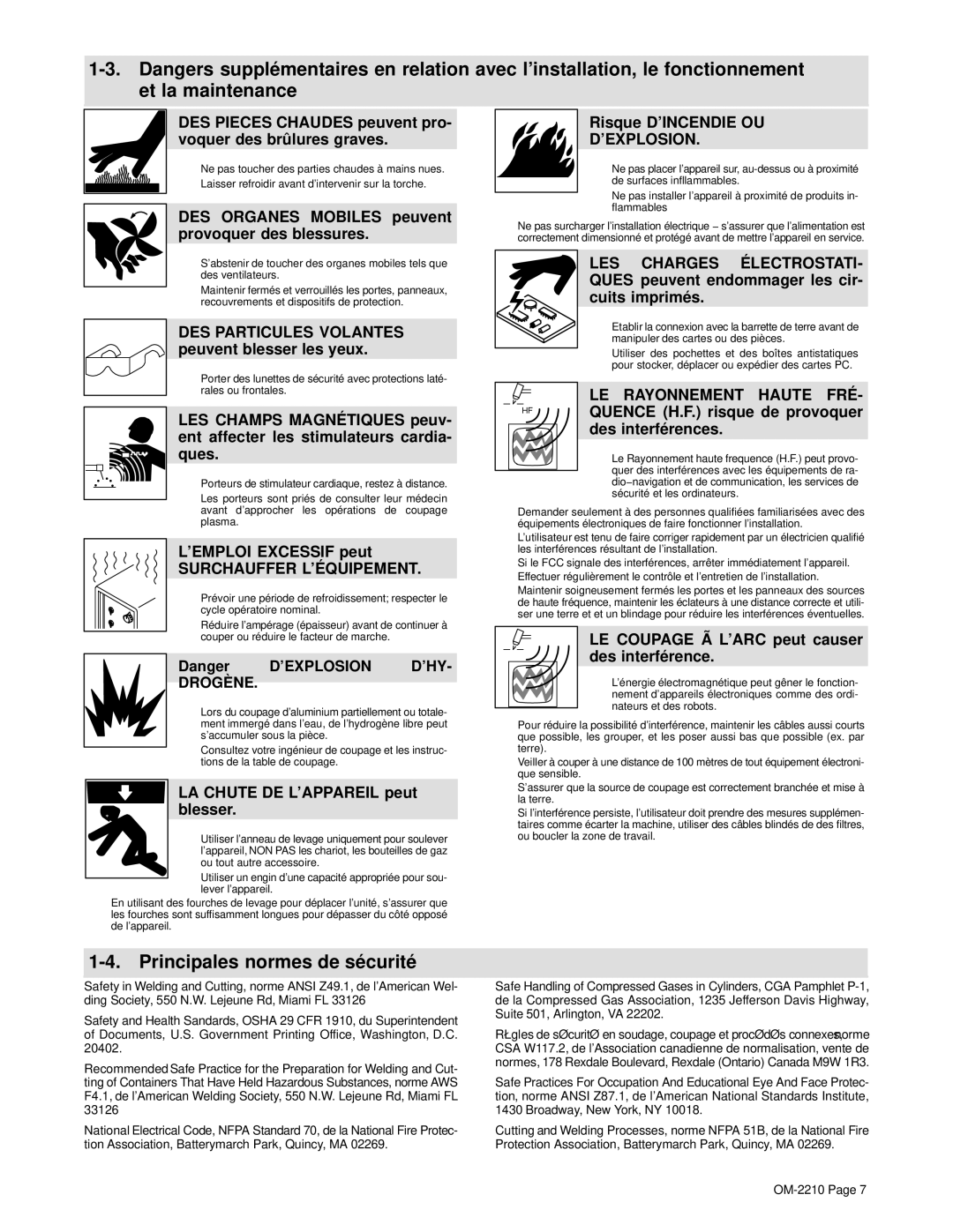 Hobart Welding Products 1025 manual Principales normes de sécurité 