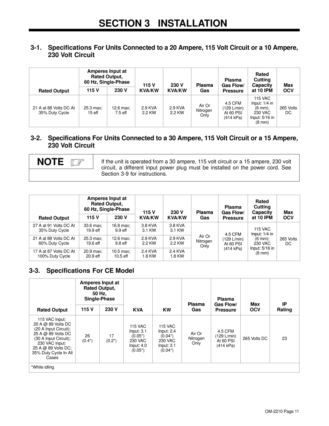 Hobart Welding Products 1025 manual Installation, Specifications For CE Model 