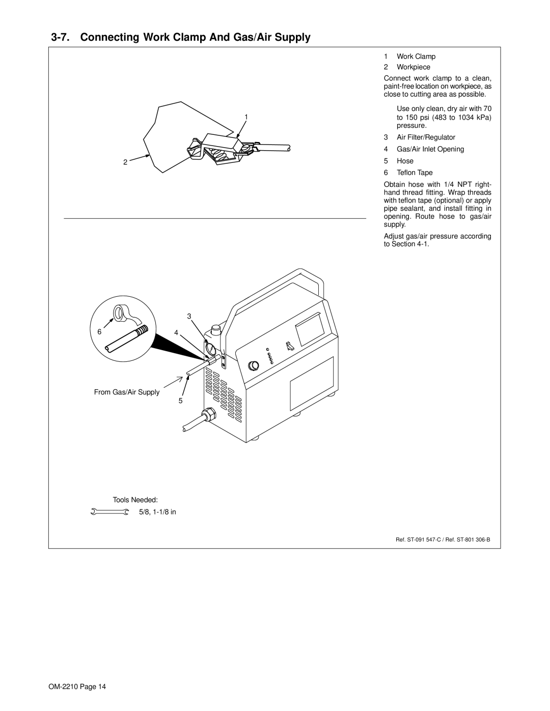 Hobart Welding Products 1025 manual Connecting Work Clamp And Gas/Air Supply, Pressure 