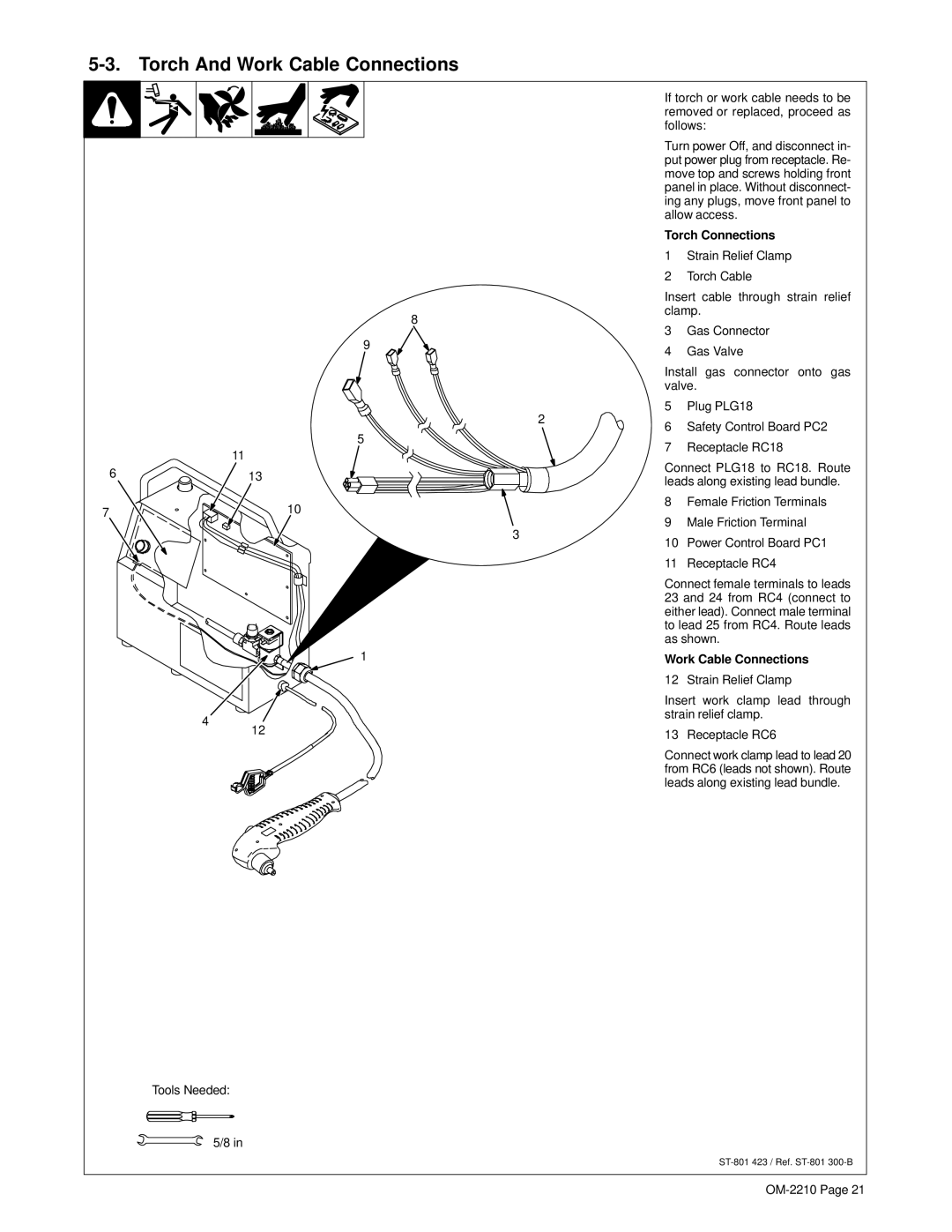 Hobart Welding Products 1025 manual Torch And Work Cable Connections, Torch Connections 