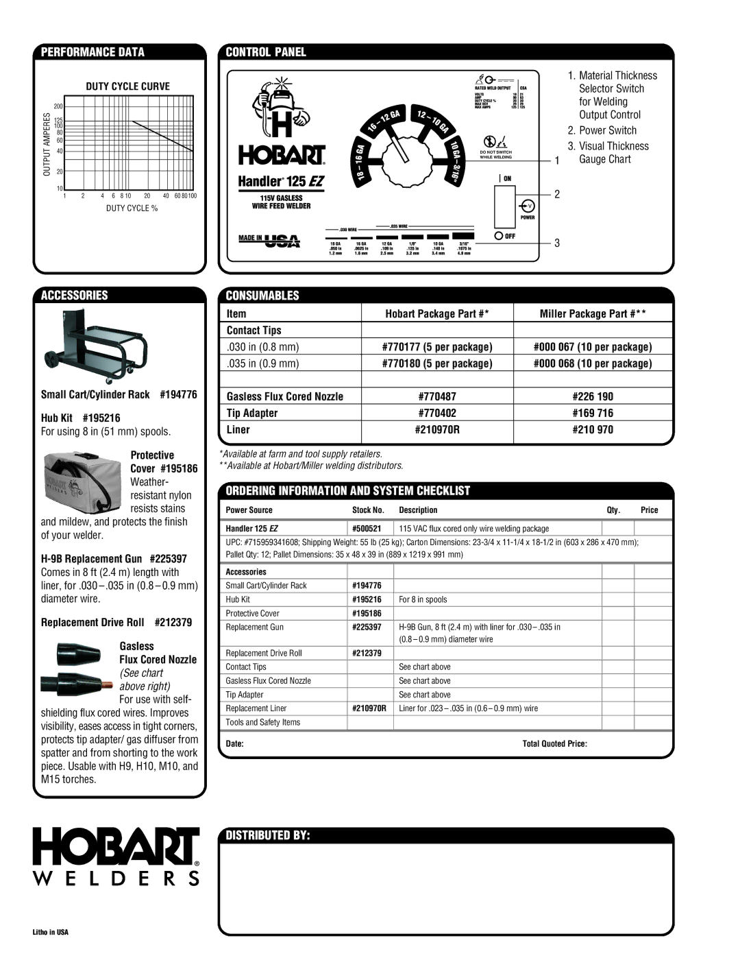 Hobart Welding Products 125 EZ specifications Accessories, Consumables, Distributed by 