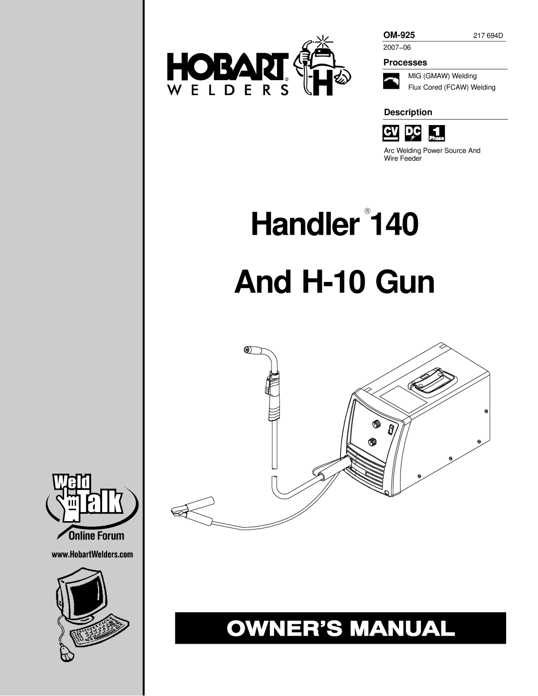 Hobart Welding Products 140 manual OM-925, Processes, Description 