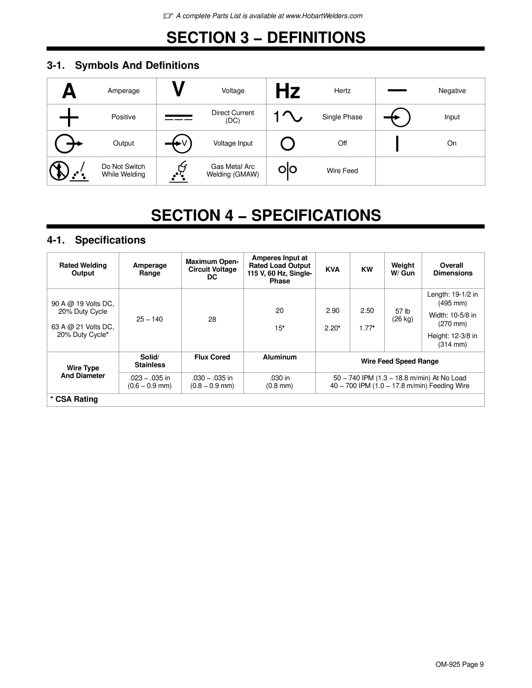 Hobart Welding Products 140 manual Specifications, Symbols And Definitions 