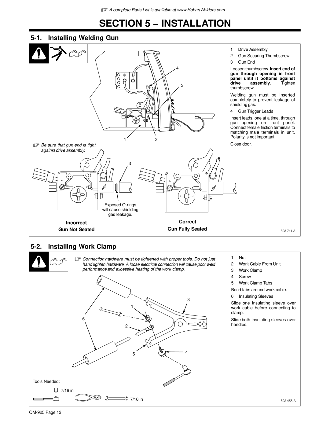 Hobart Welding Products 140 manual Installation, Installing Welding Gun, Installing Work Clamp, Correct 