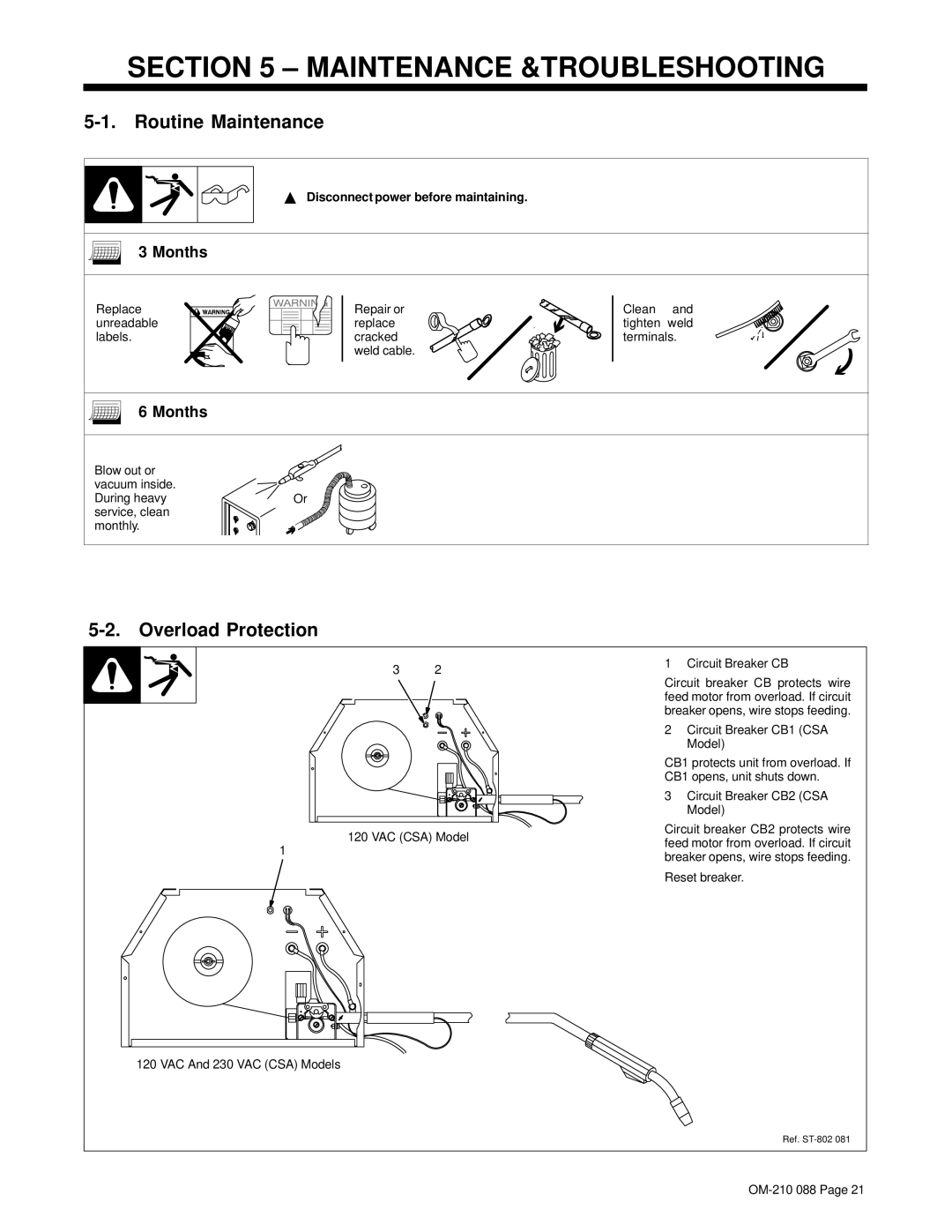 Hobart Welding Products 120, 150 manual Maintenance &TROUBLESHOOTING, Routine Maintenance, Overload Protection, Months 