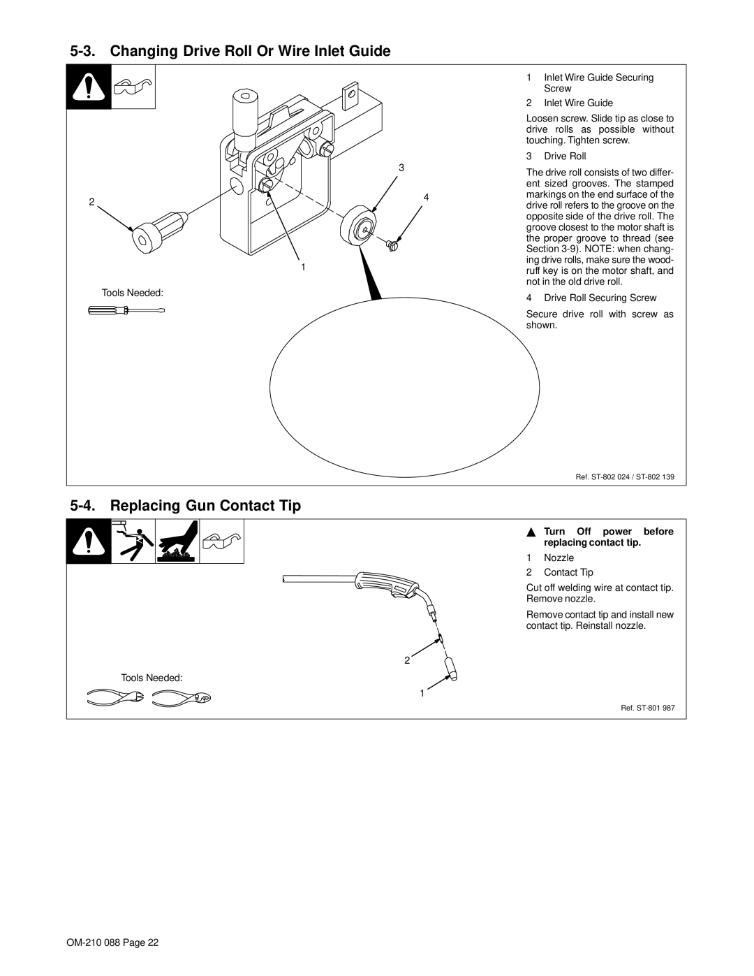 Hobart Welding Products 150, 120 manual Changing Drive Roll Or Wire Inlet Guide, Replacing Gun Contact Tip 