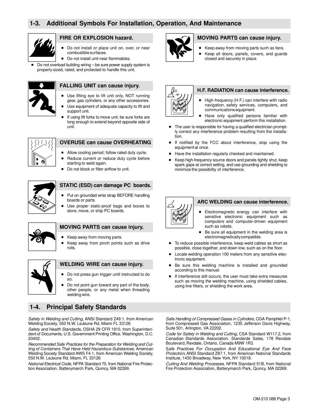 Hobart Welding Products 120, 150 manual Principal Safety Standards 