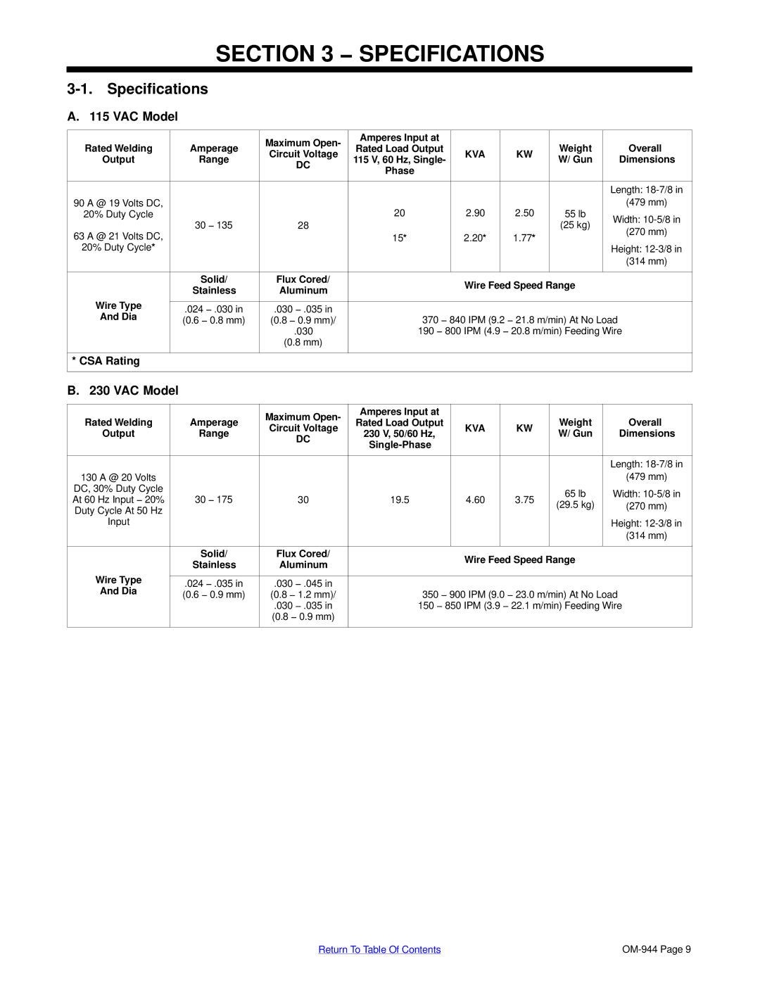 Hobart Welding Products OM-944 196 639G, 175 manual Specifications, VAC Model 