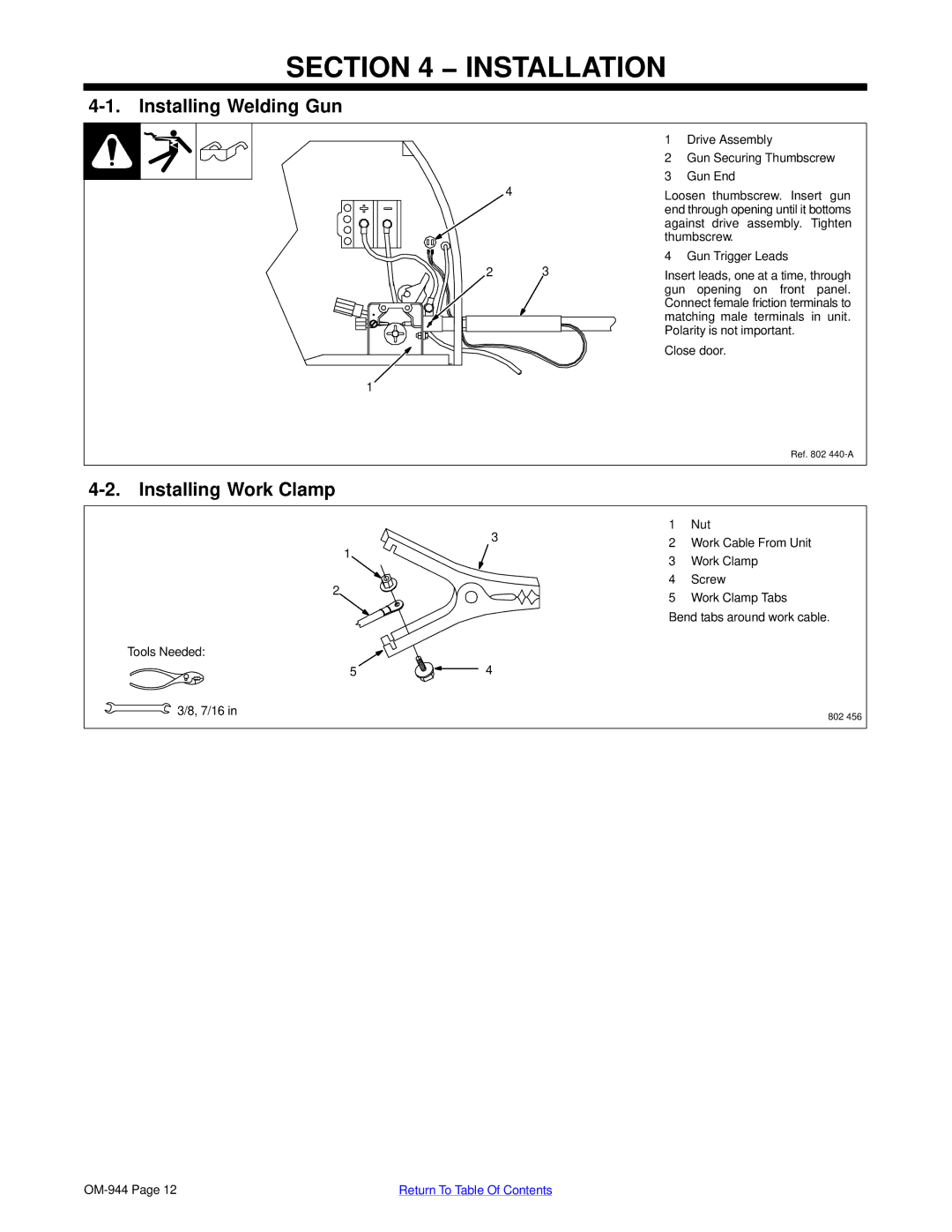 Hobart Welding Products 175, OM-944 196 639G manual Installation, Installing Welding Gun Installing Work Clamp 