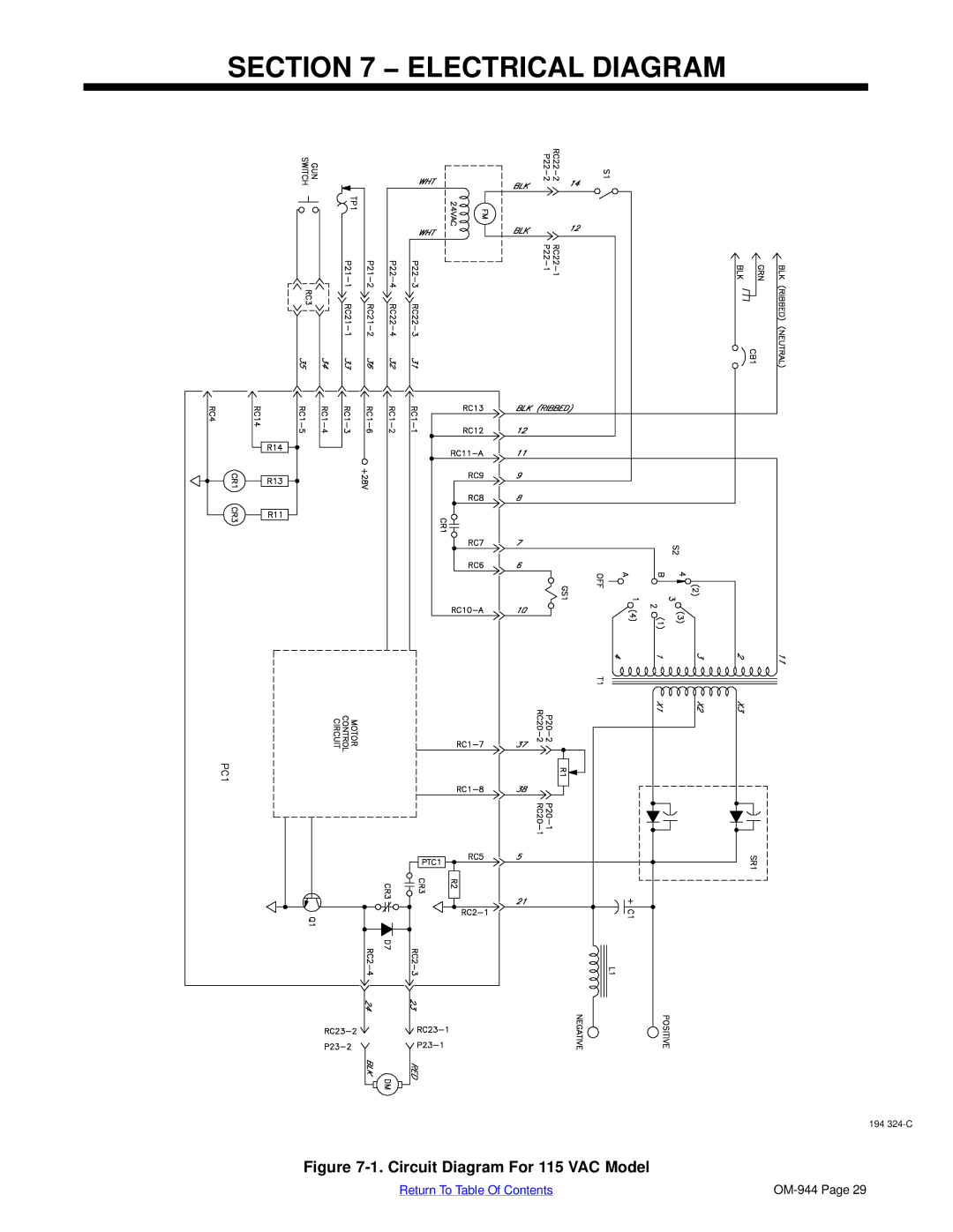 Hobart Welding Products OM-944 196 639G, 175 manual Electrical Diagram, Circuit Diagram For 115 VAC Model 