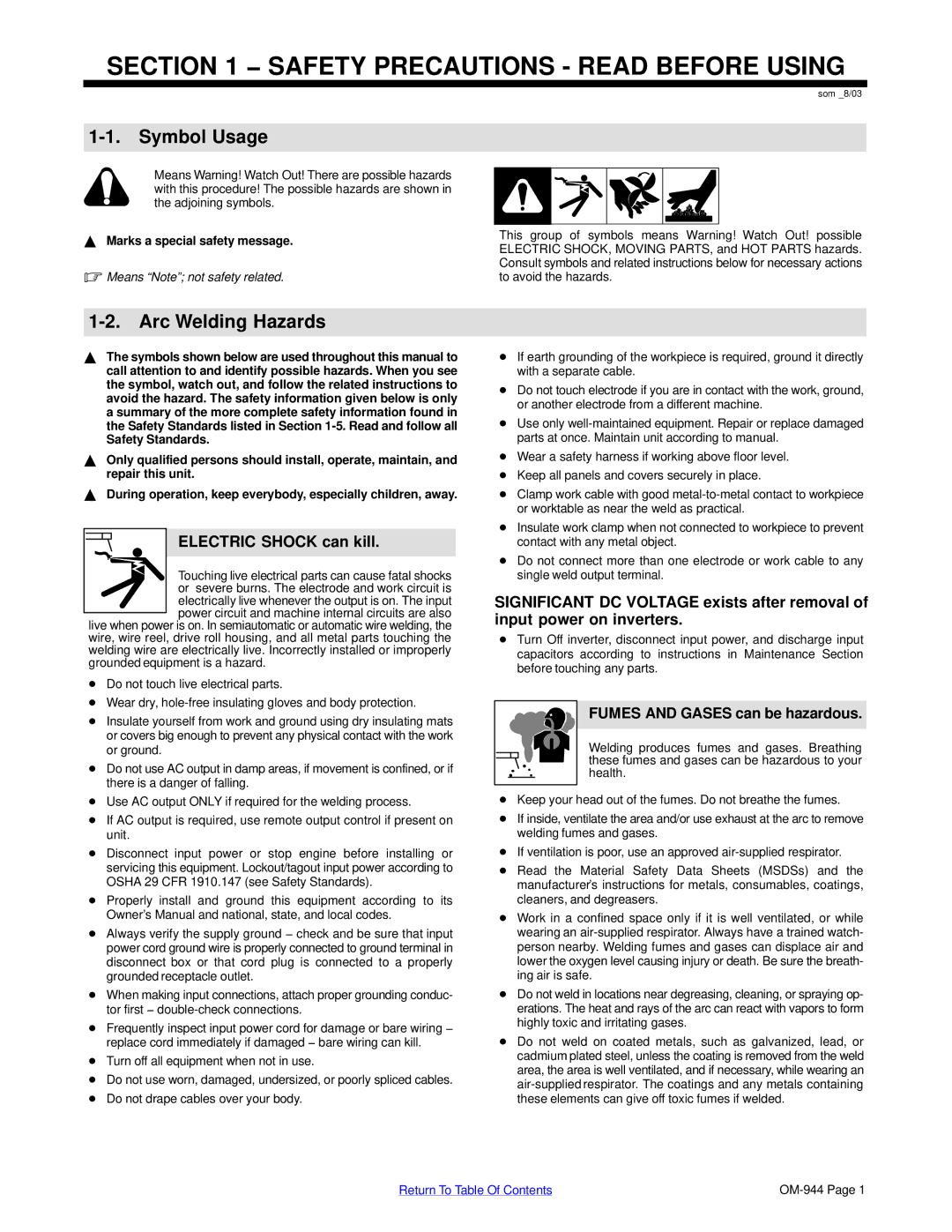 Hobart Welding Products OM-944 196 639G, 175 manual Symbol Usage, Arc Welding Hazards, Electric Shock can kill 