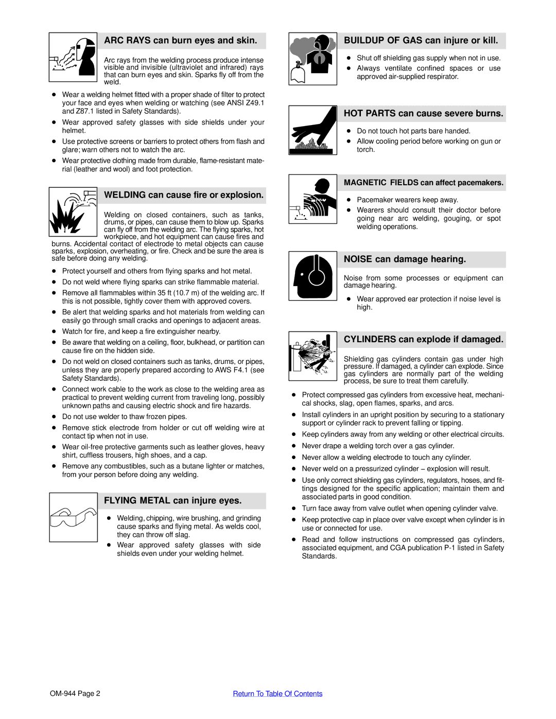 Hobart Welding Products 175 ARC Rays can burn eyes and skin, Welding can cause fire or explosion, Noise can damage hearing 