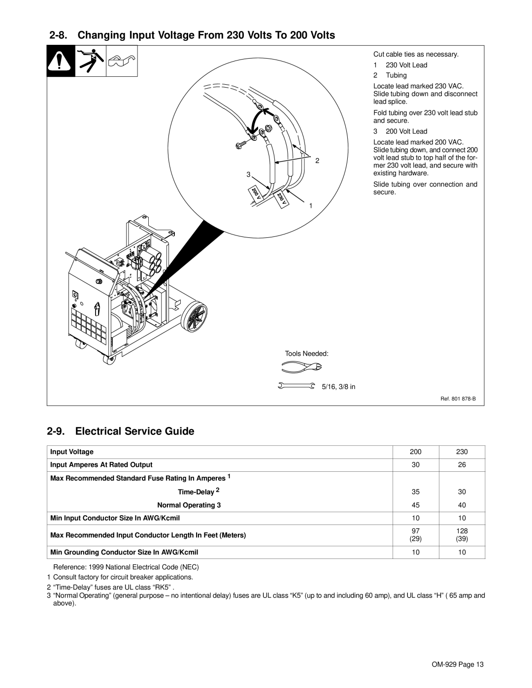 Hobart Welding Products 1800 specifications Changing Input Voltage From 230 Volts To 200 Volts, Electrical Service Guide 